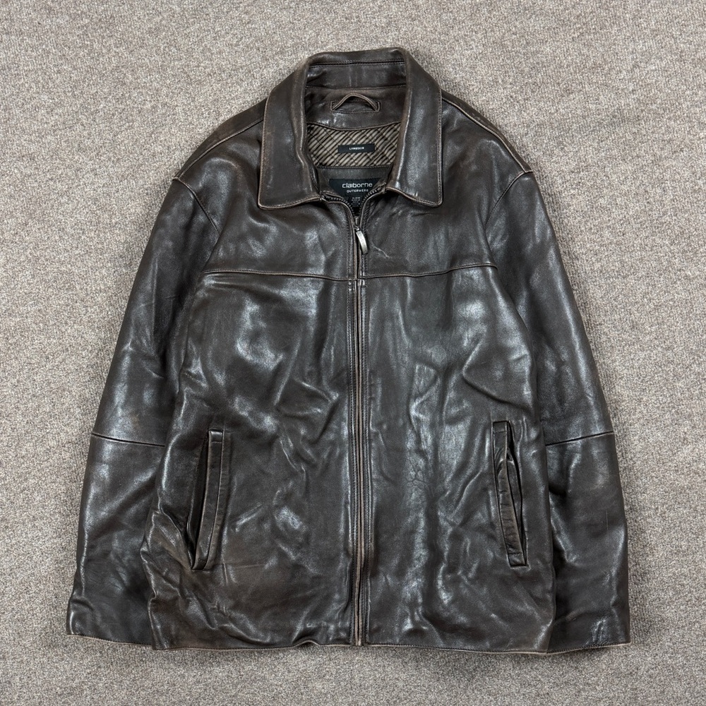 Vintage 90s Claiborne Brown Lambskin Leather Full Zip Jacket Mens XL Quilt Lined